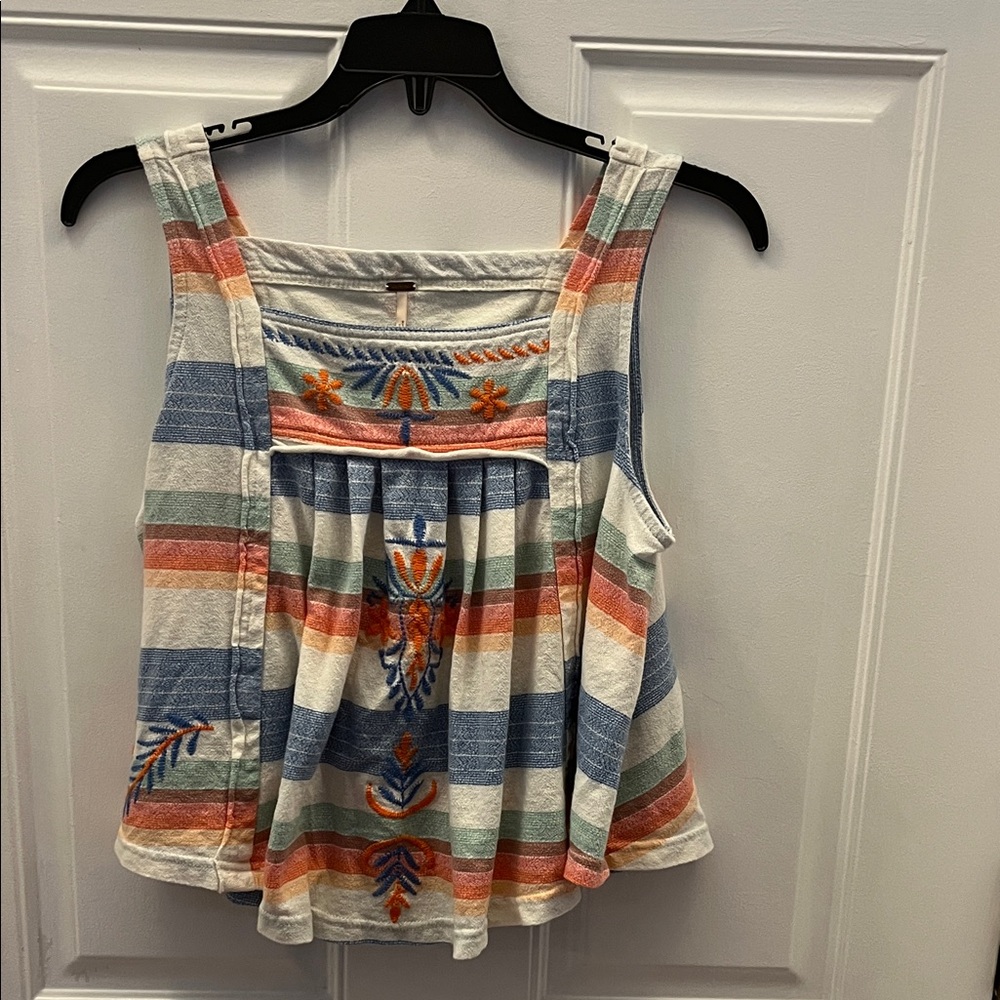 Free People Embroidered Striped Sleeveless Swing Tank Top